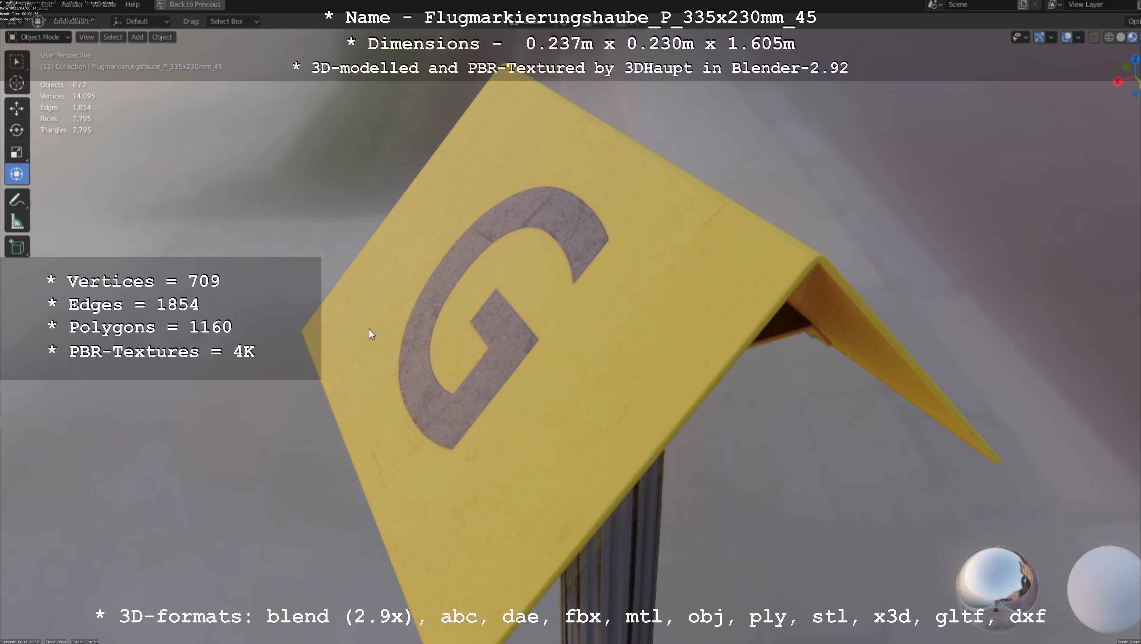 Flugmarkierungshaube mit Aluminiumpfosten 335x230mm 45 Low-poly 3D model_115