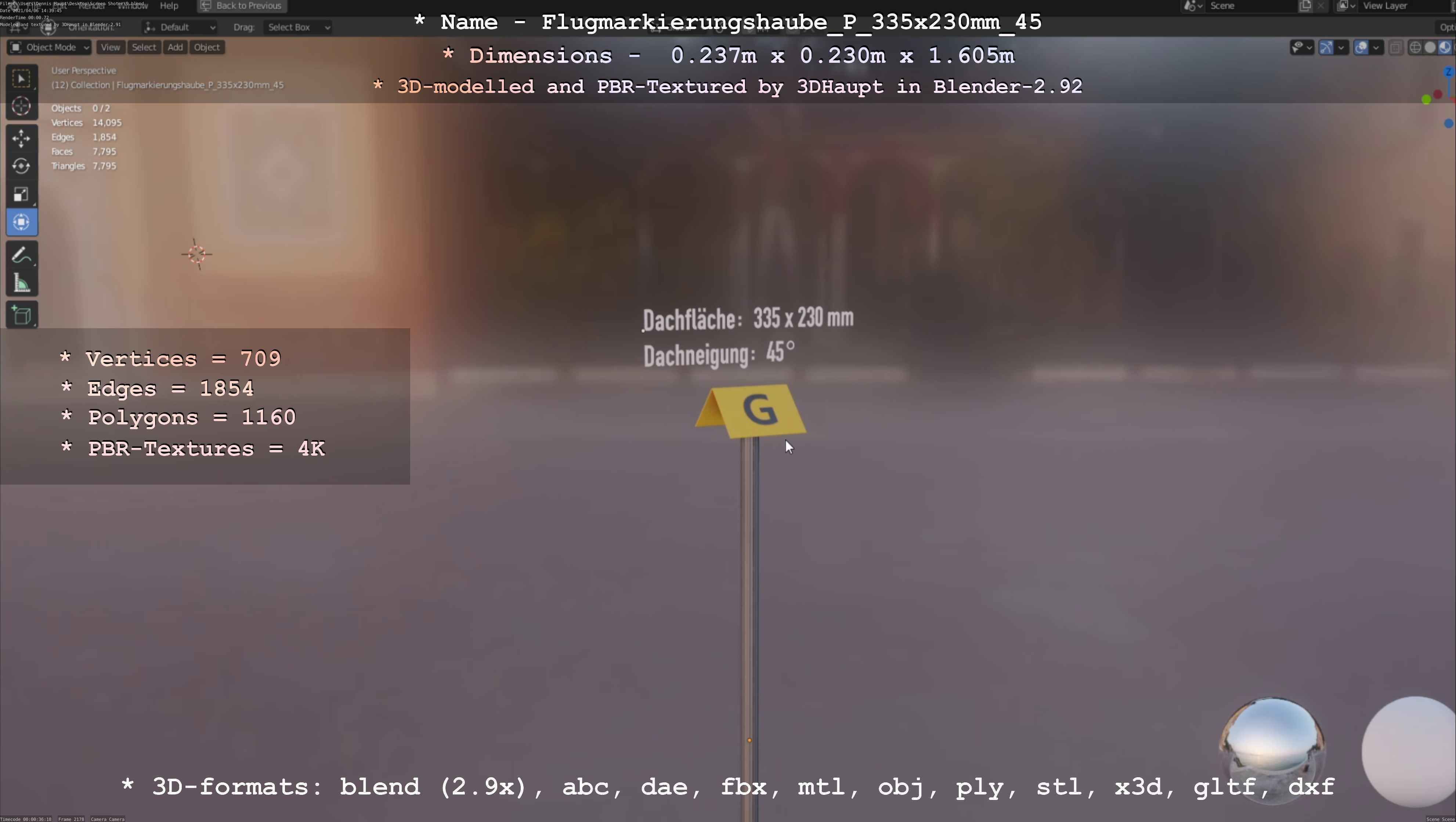 Flugmarkierungshaube mit Aluminiumpfosten 335x230mm 45 Low-poly 3D model_62