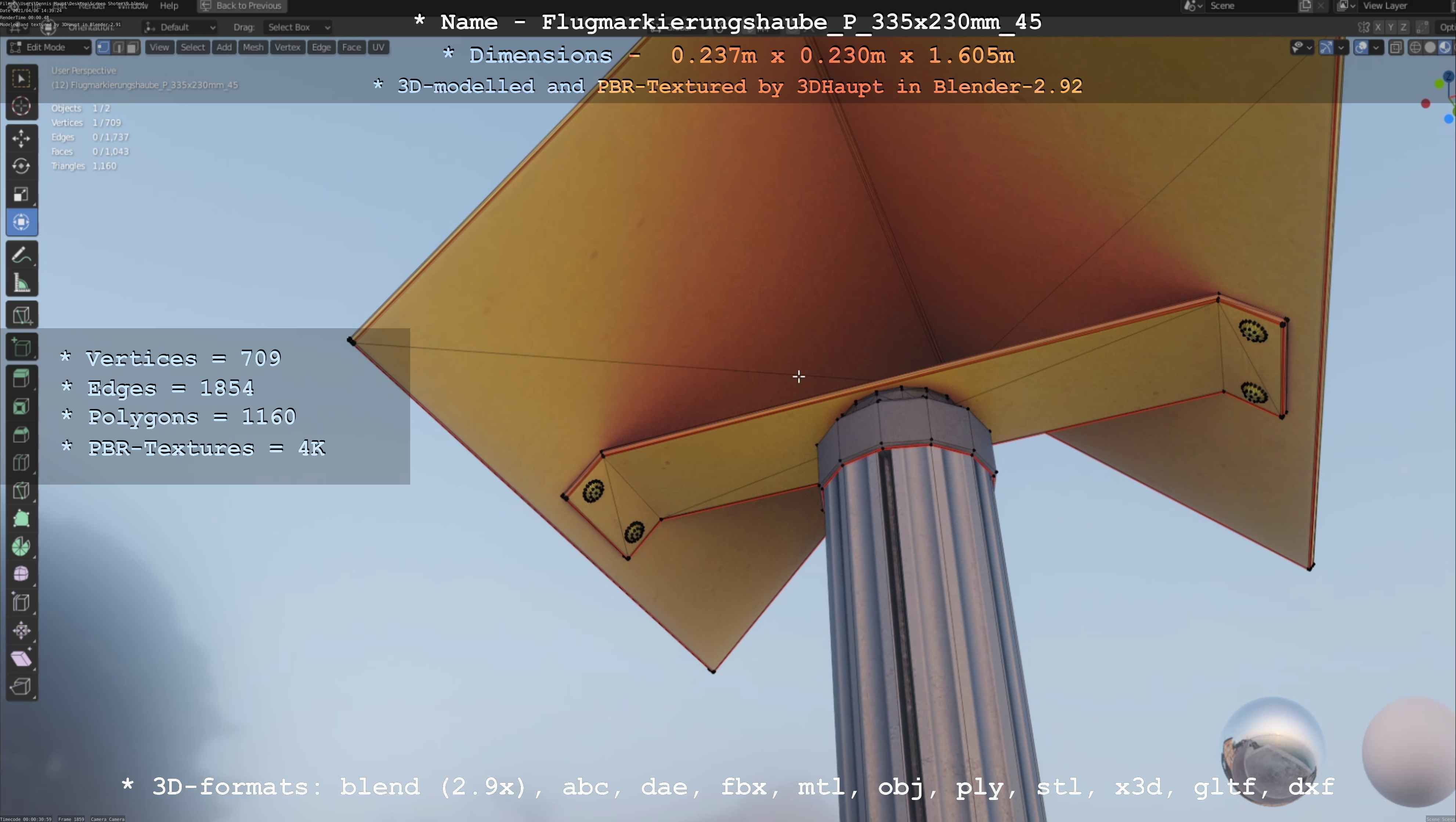 Flugmarkierungshaube mit Aluminiumpfosten 335x230mm 45 Low-poly 3D model_14