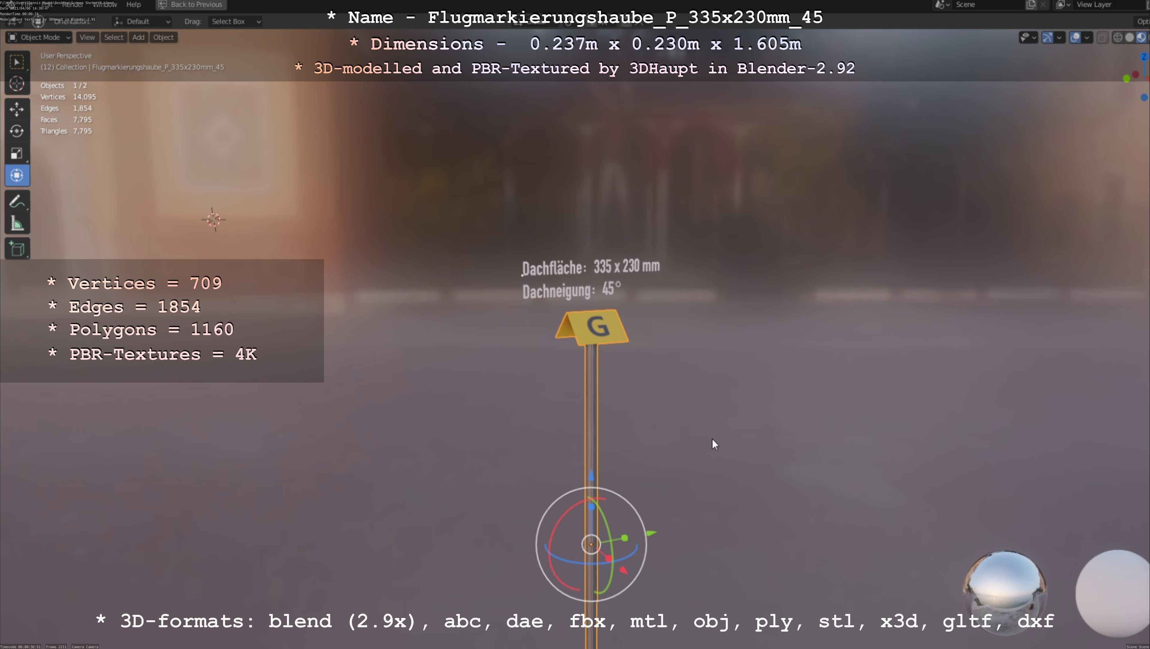 Flugmarkierungshaube mit Aluminiumpfosten 335x230mm 45 Low-poly 3D model_66