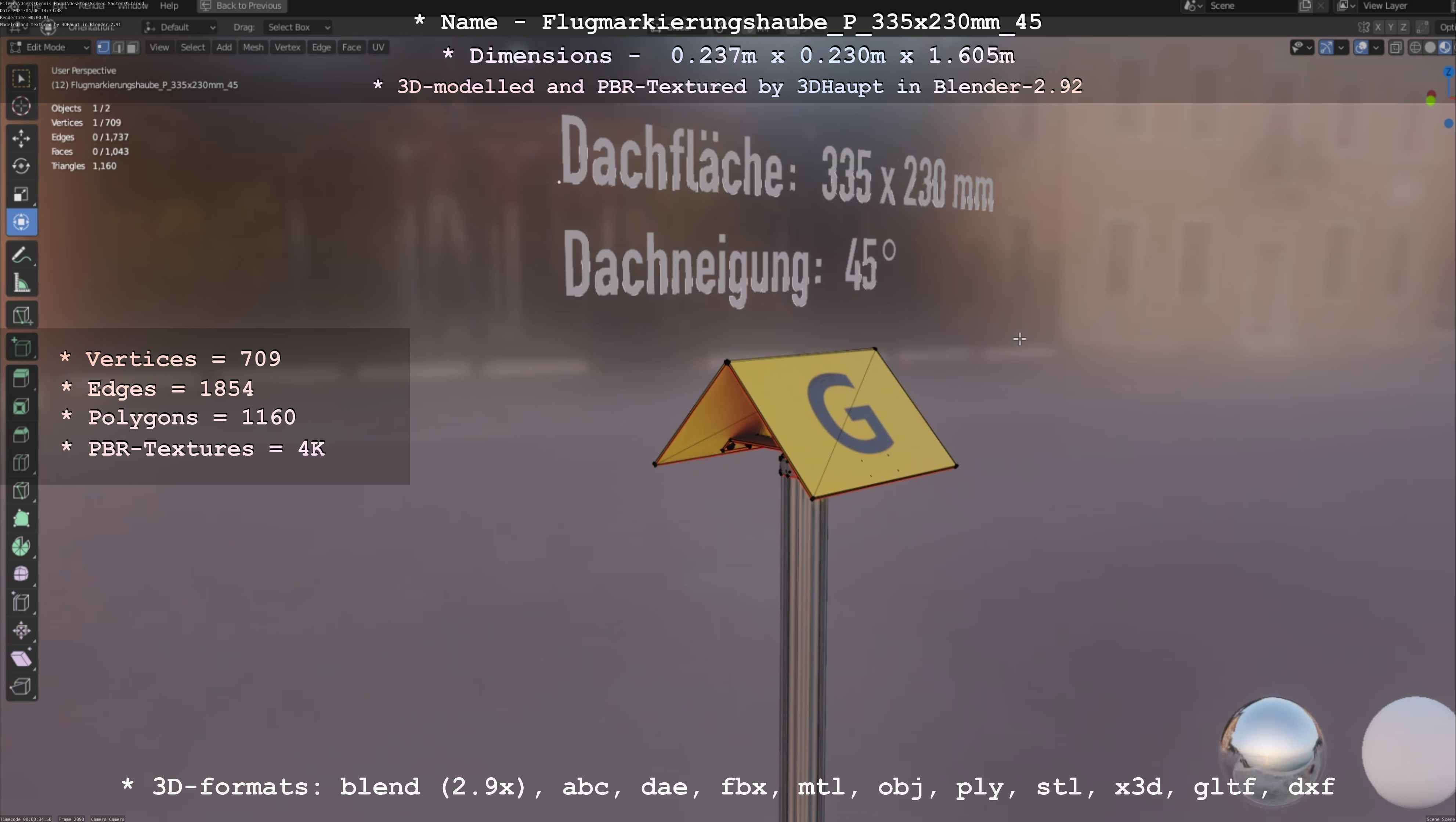 Flugmarkierungshaube mit Aluminiumpfosten 335x230mm 45 Low-poly 3D model_21