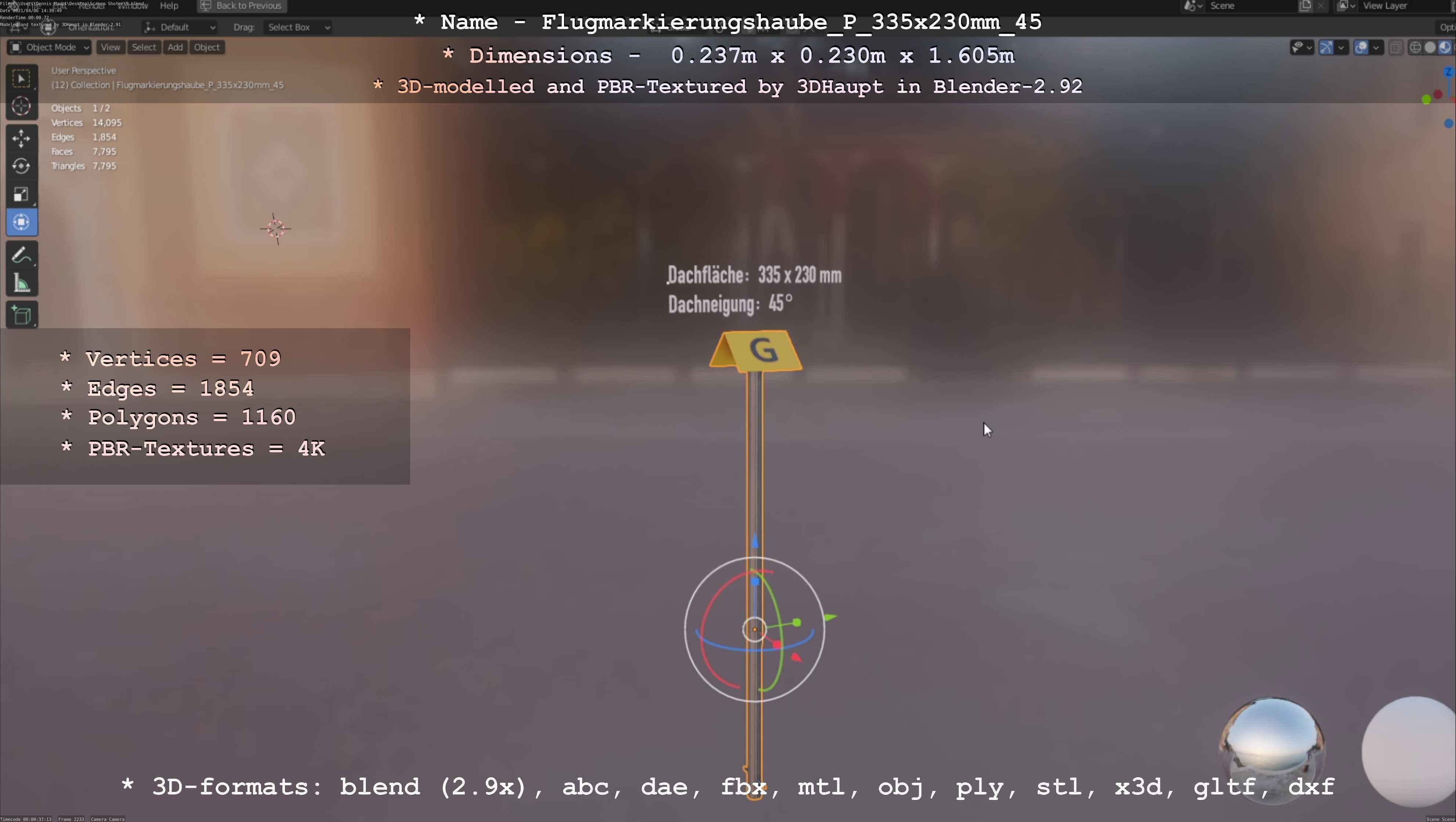 Flugmarkierungshaube mit Aluminiumpfosten 335x230mm 45 Low-poly 3D model_22