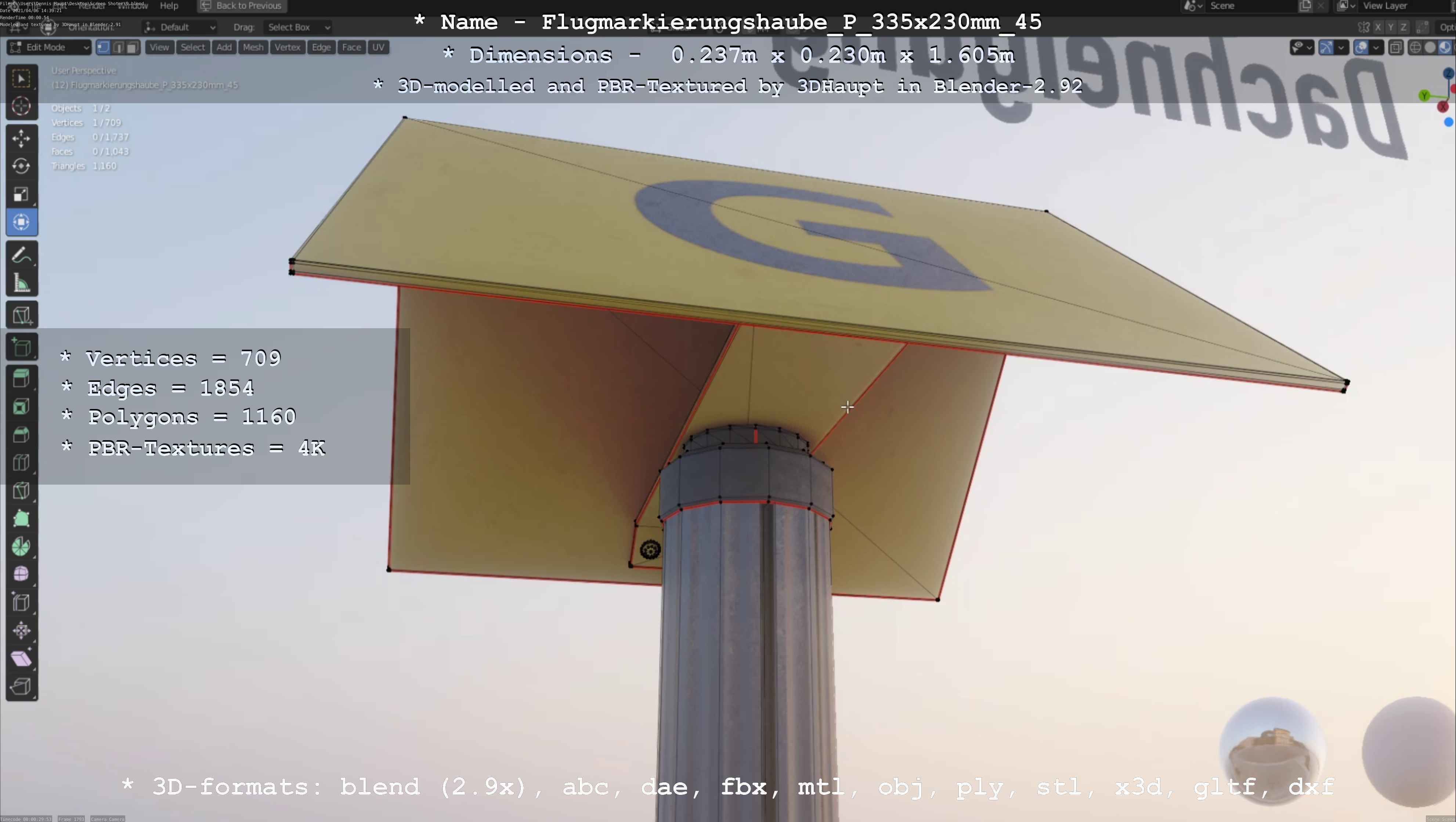 Flugmarkierungshaube mit Aluminiumpfosten 335x230mm 45 Low-poly 3D model_10