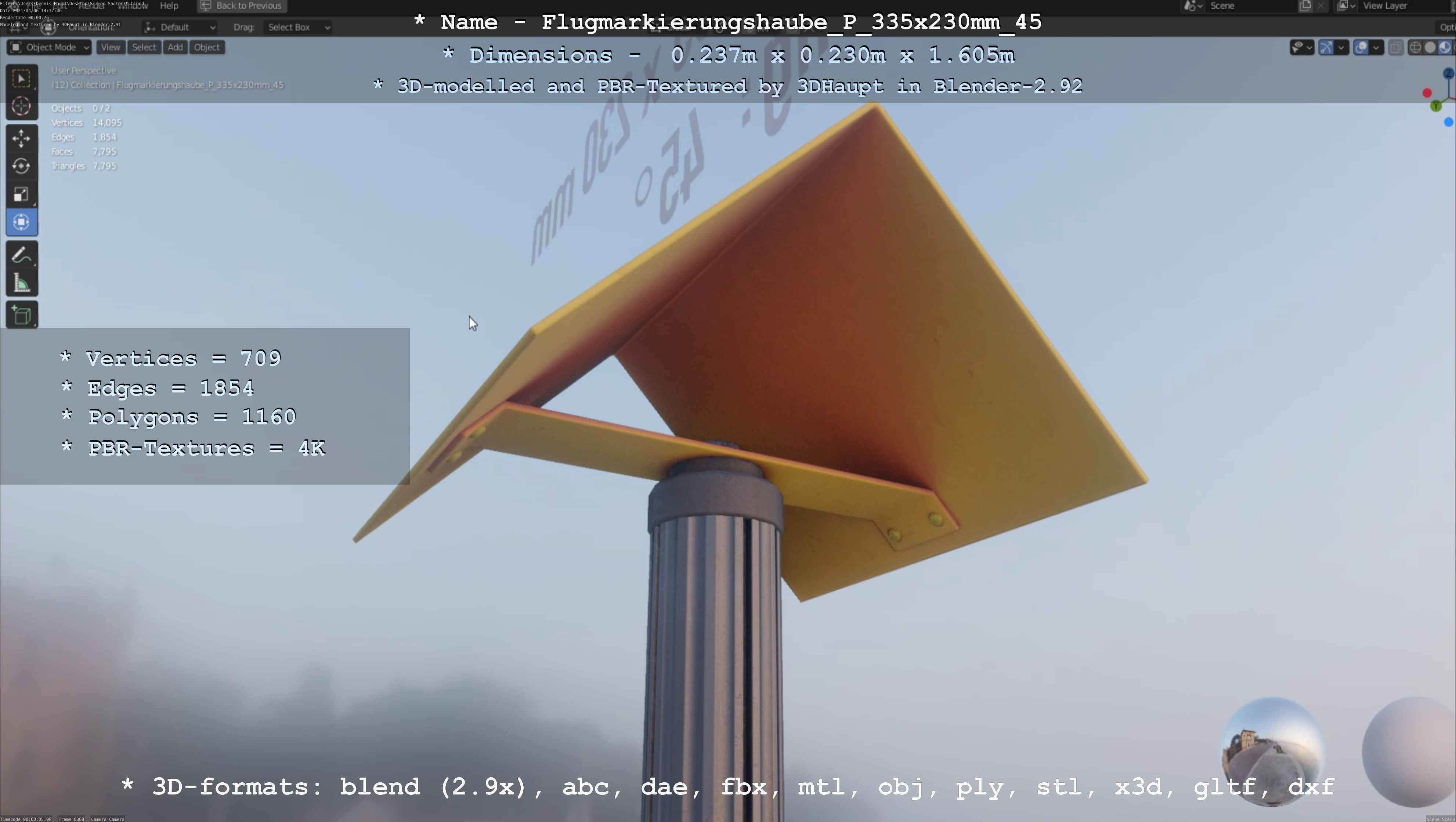 Flugmarkierungshaube mit Aluminiumpfosten 335x230mm 45 Low-poly 3D model_96