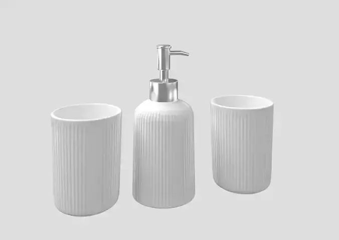 White bathroom accessories set ribbed soap dispenser and cups