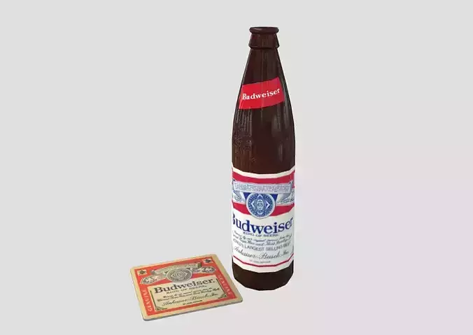 Retro Budweiser bottle and coaster 1980s design low poly Low-poly 3D model
