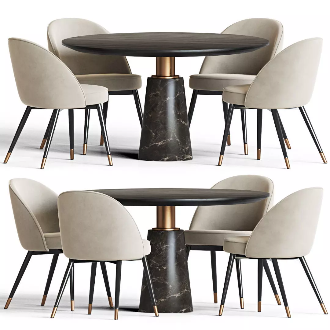 Dining Set table with four chairs and marble top 3D model_0