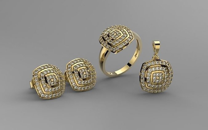 SET JEWELRY gold ring with cubic zirconia 3D print model