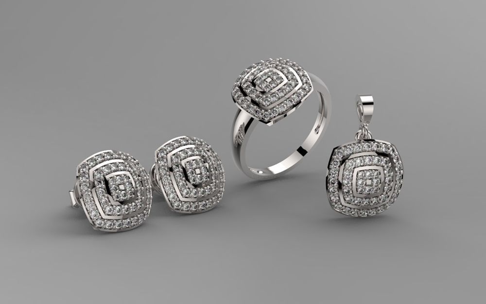 SET JEWELRY gold ring with cubic zirconia 3D print model_1