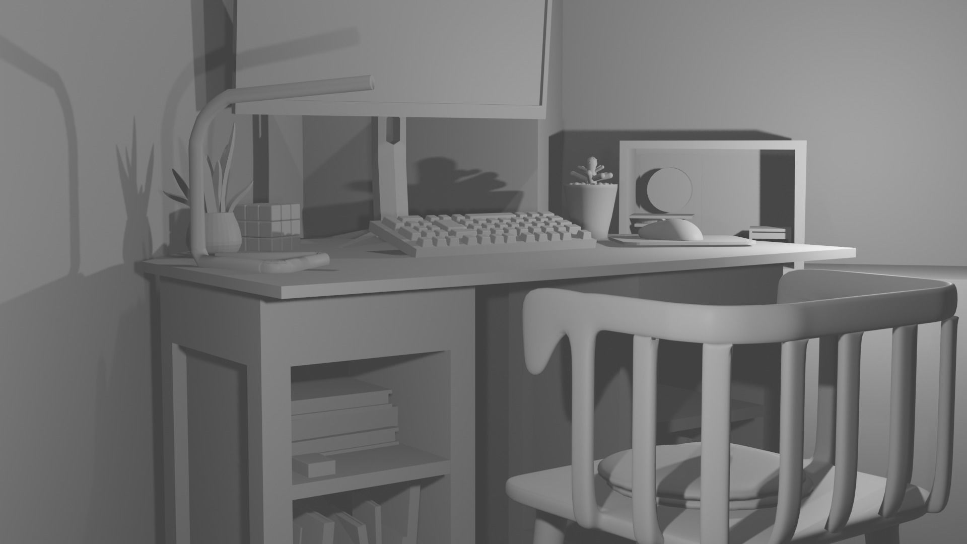 A room without textures desk  computer  chair 3D model_1