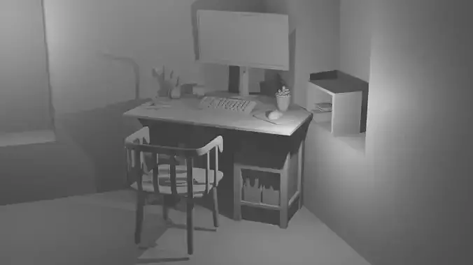 A room without textures desk  computer  chair