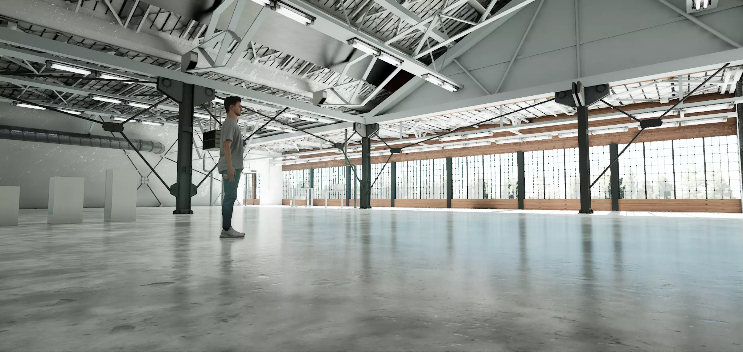 warehouse empty with concrete floor and windows Low-poly 3D model_0