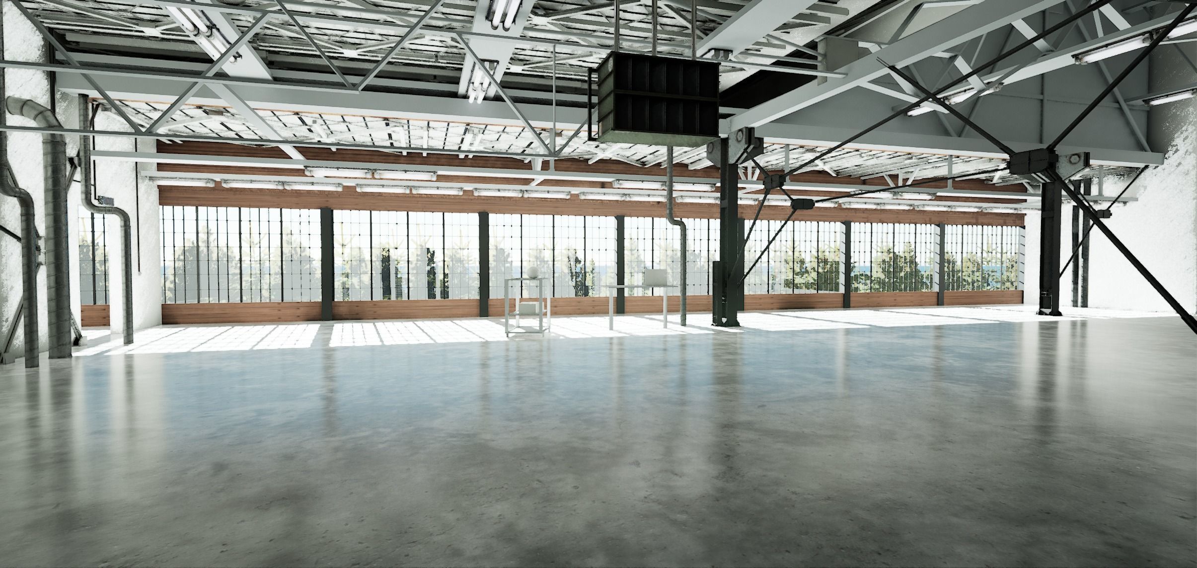 warehouse empty with concrete floor and windows Low-poly 3D model_2