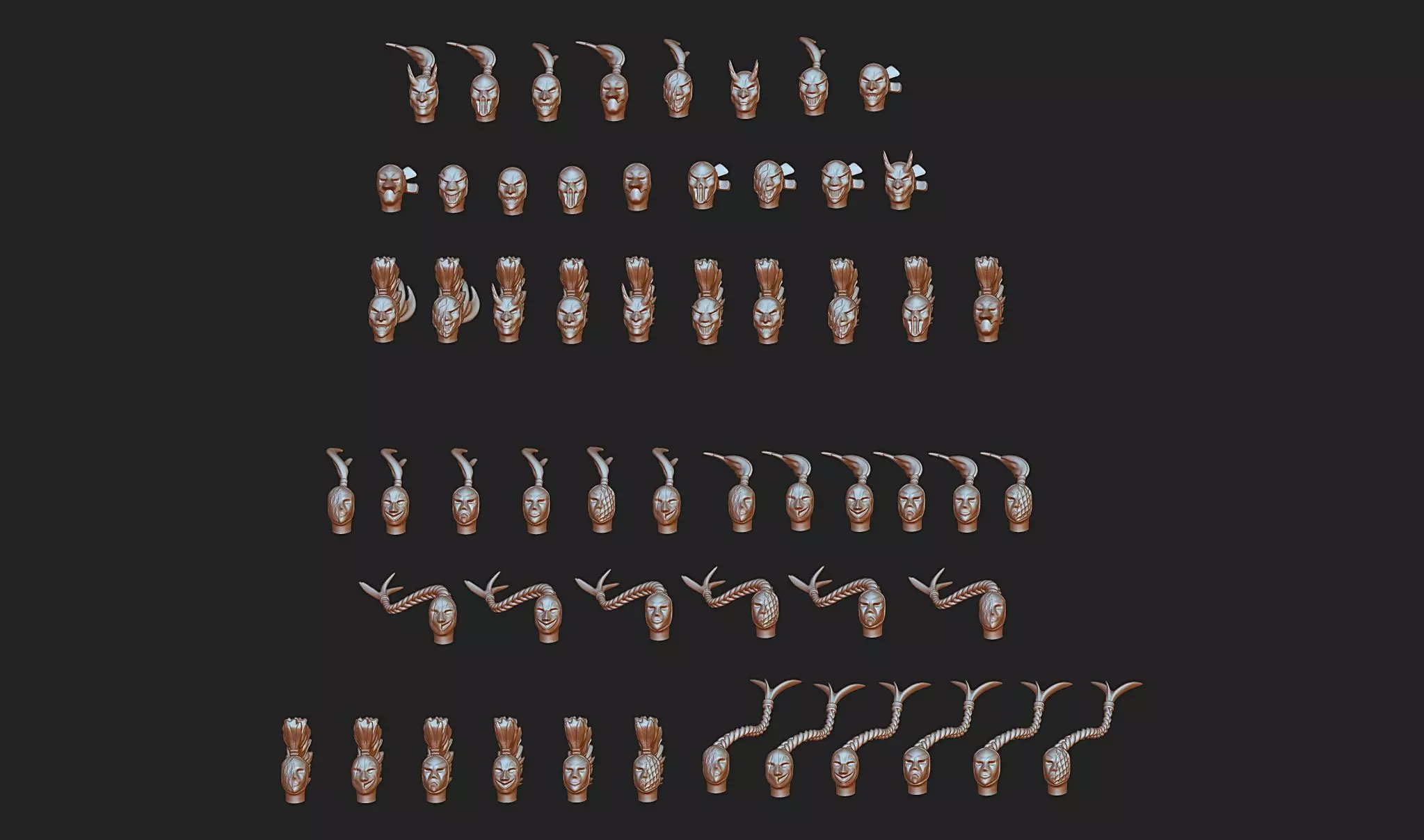 Harlequine combat squad masks 57 pieces set modular 3D print model