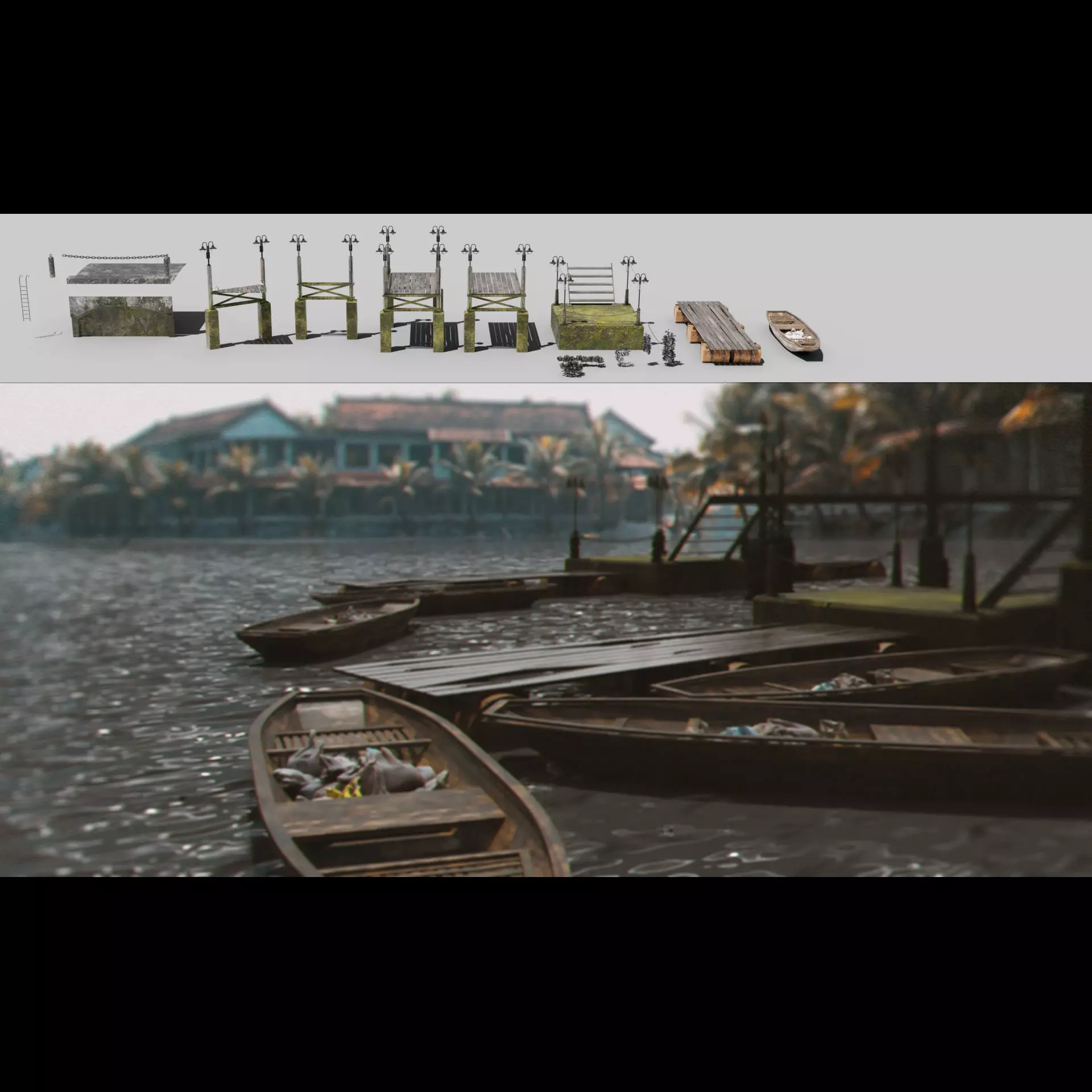 Boardwalk pier jetty floating dock kitbash for river mooring 3D model_0