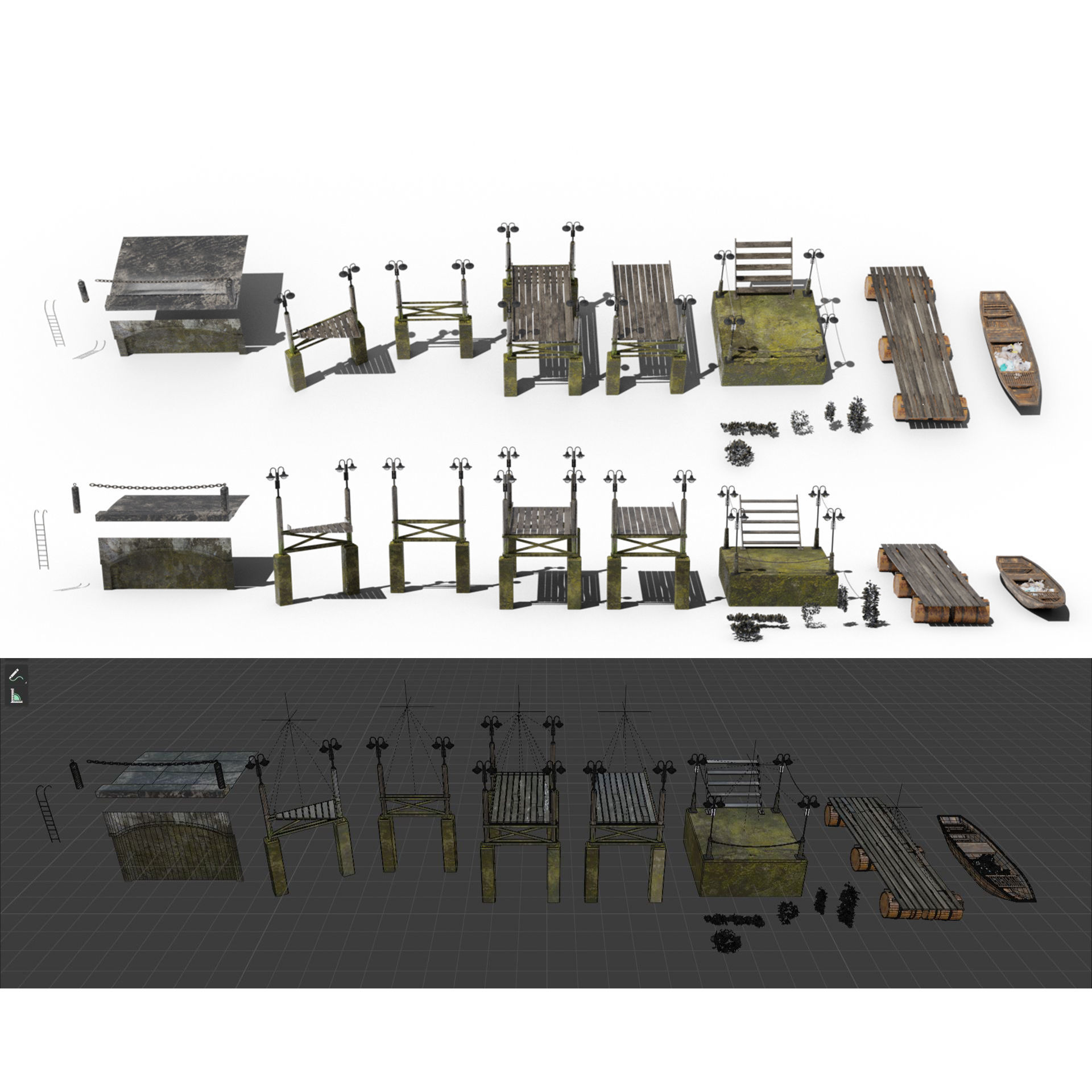 Boardwalk pier jetty floating dock kitbash for river mooring 3D model_3