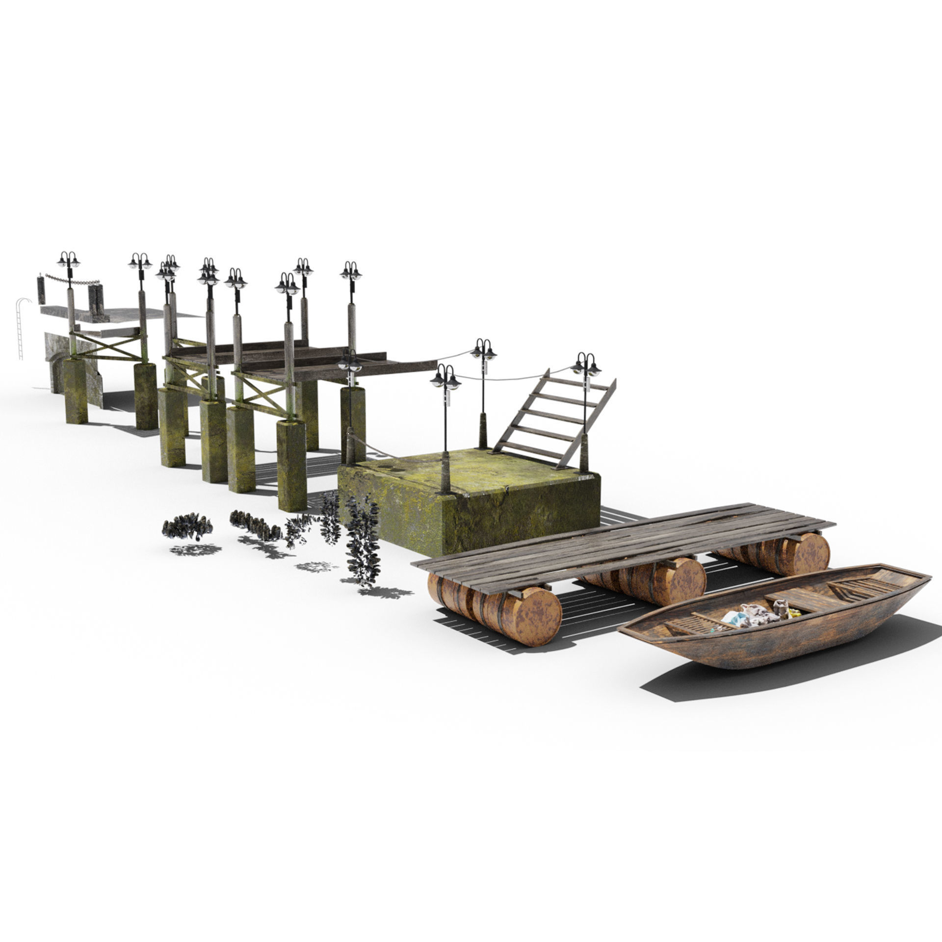 Boardwalk pier jetty floating dock kitbash for river mooring 3D model_1