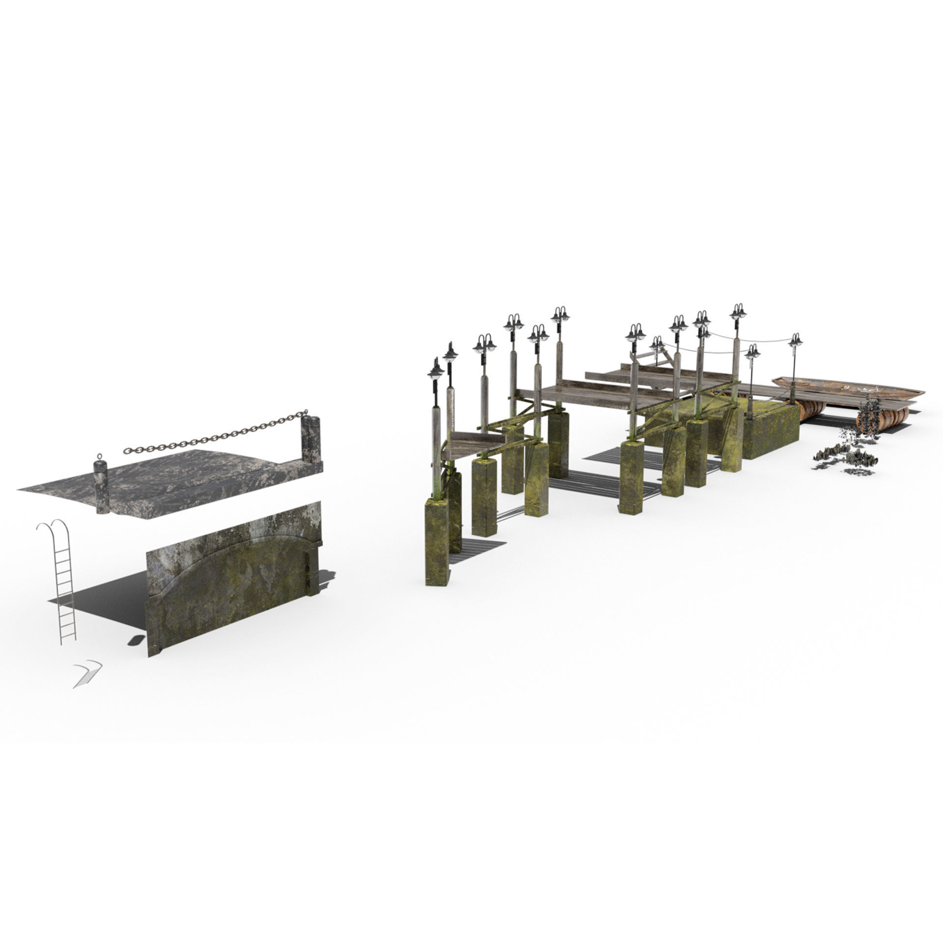 Boardwalk pier jetty floating dock kitbash for river mooring 3D model_2