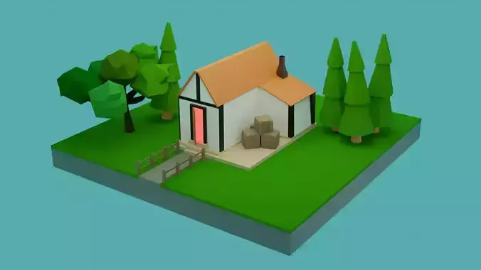 Low-Poly House on island with trees