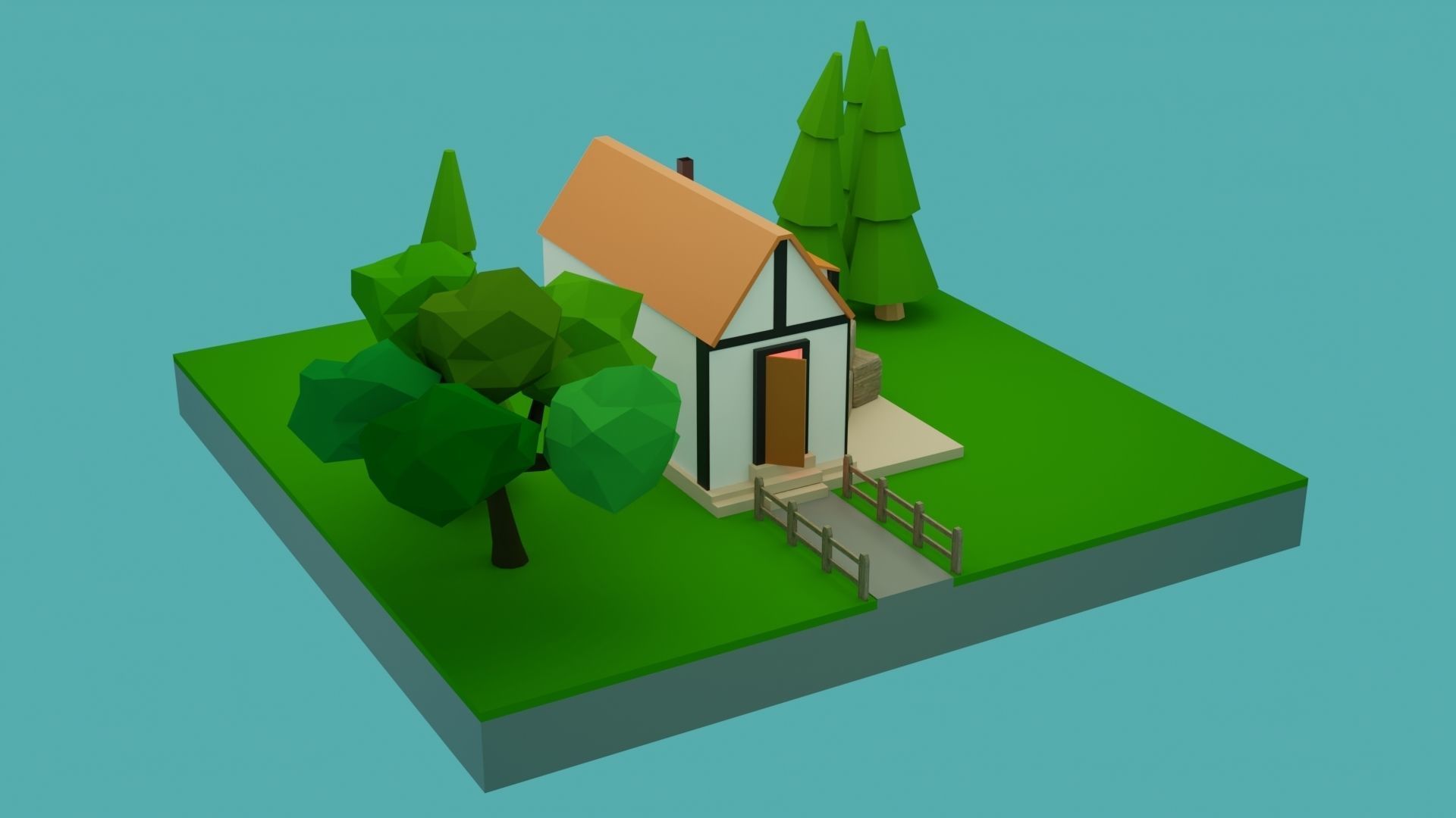 Low-Poly House on island with trees Low-poly 3D model_1