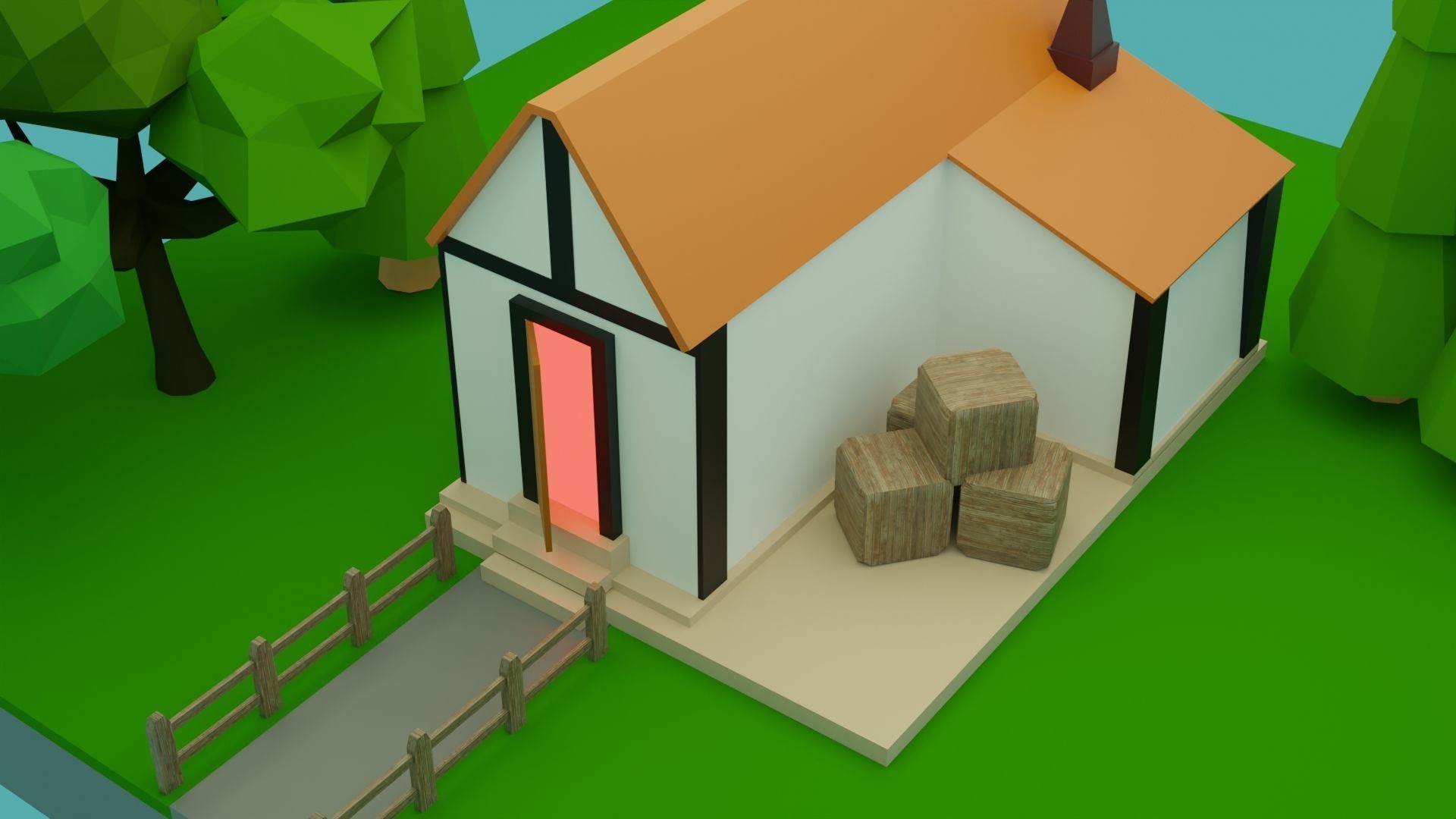 Low-Poly House on island with trees Low-poly 3D model_6