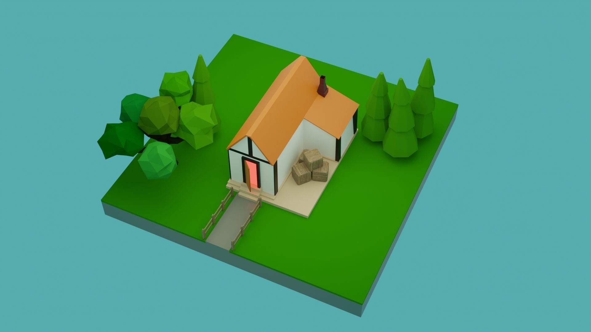 Low-Poly House on island with trees Low-poly 3D model_4