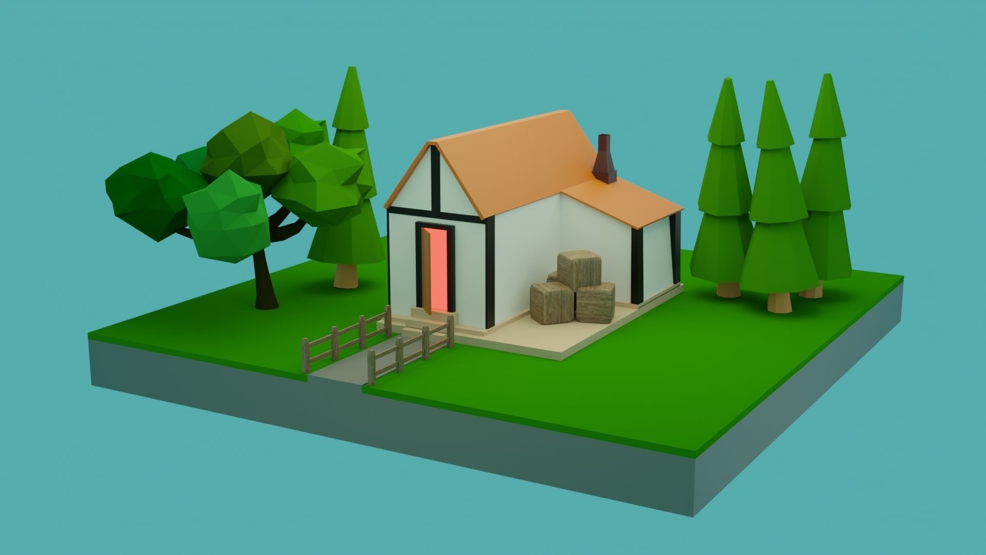 Low-Poly House on island with trees Low-poly 3D model_7