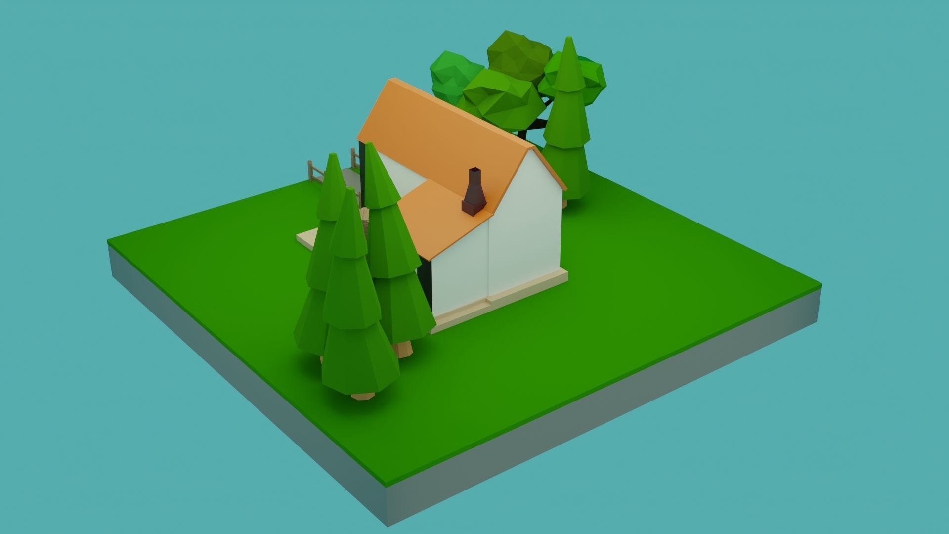 Low-Poly House on island with trees Low-poly 3D model_3