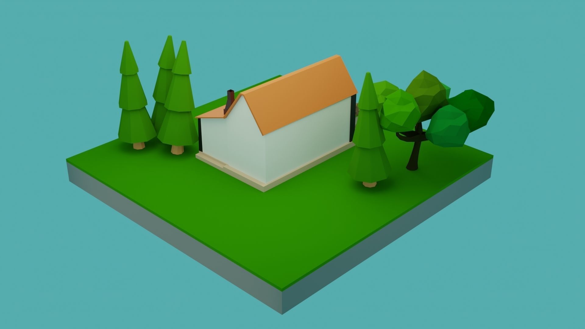 Low-Poly House on island with trees Low-poly 3D model_2