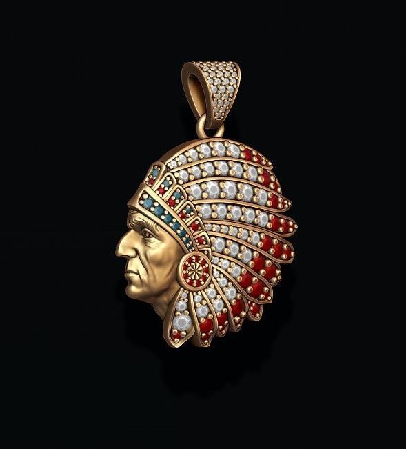 Native American Indian man pendant with gems 3D print model_3