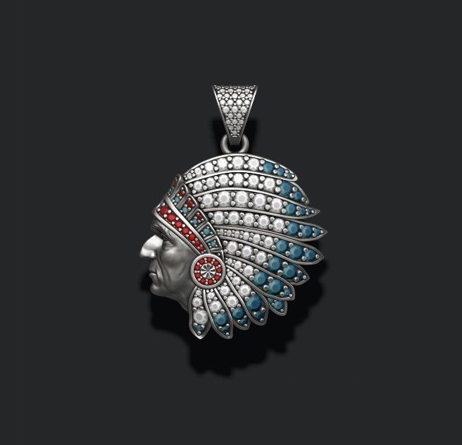 Native American Indian man pendant with gems 3D print model_2