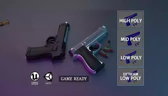 Pistol gun with bullets Low-poly 3D model