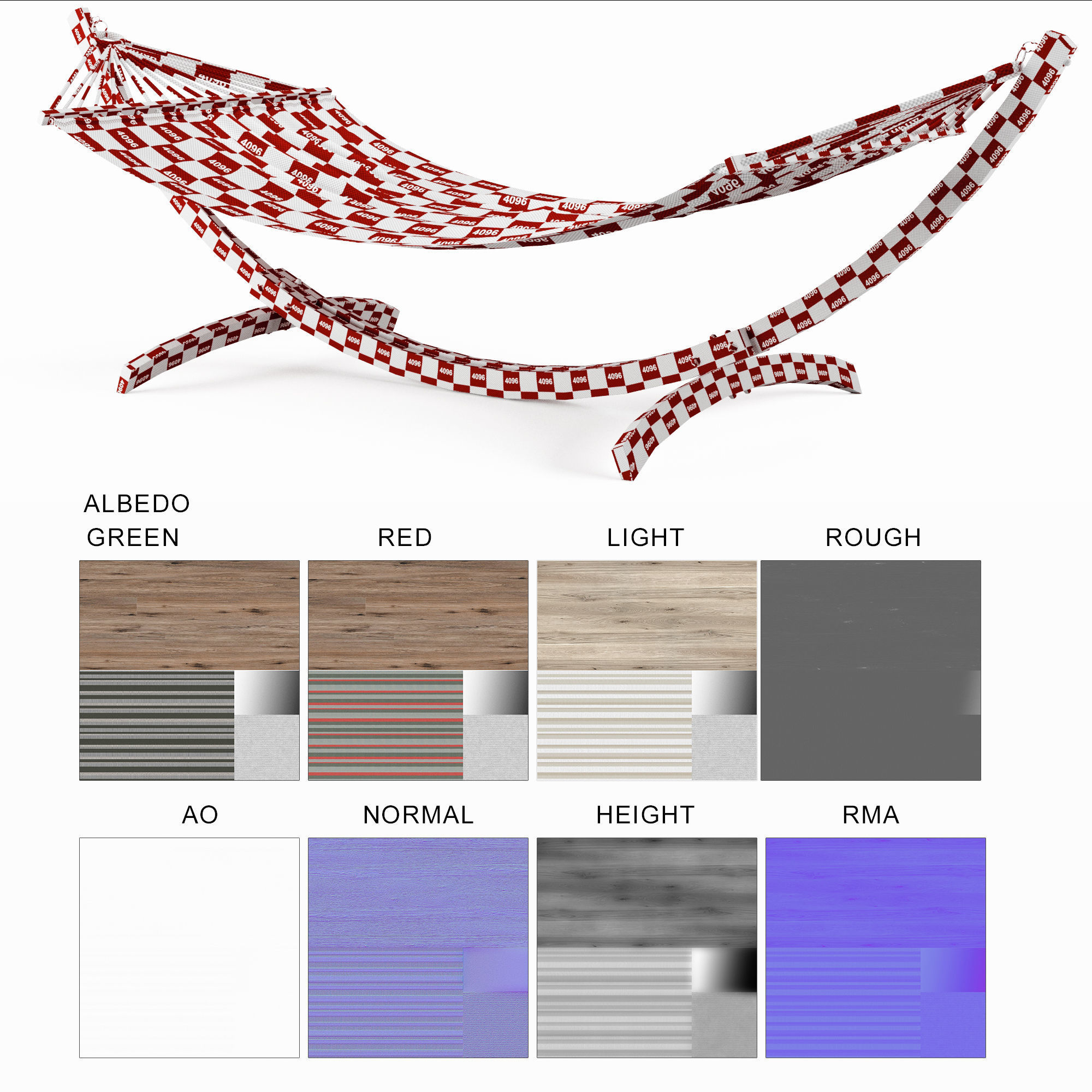 Hammock wooden stand with stripe Low-poly 3D model_8