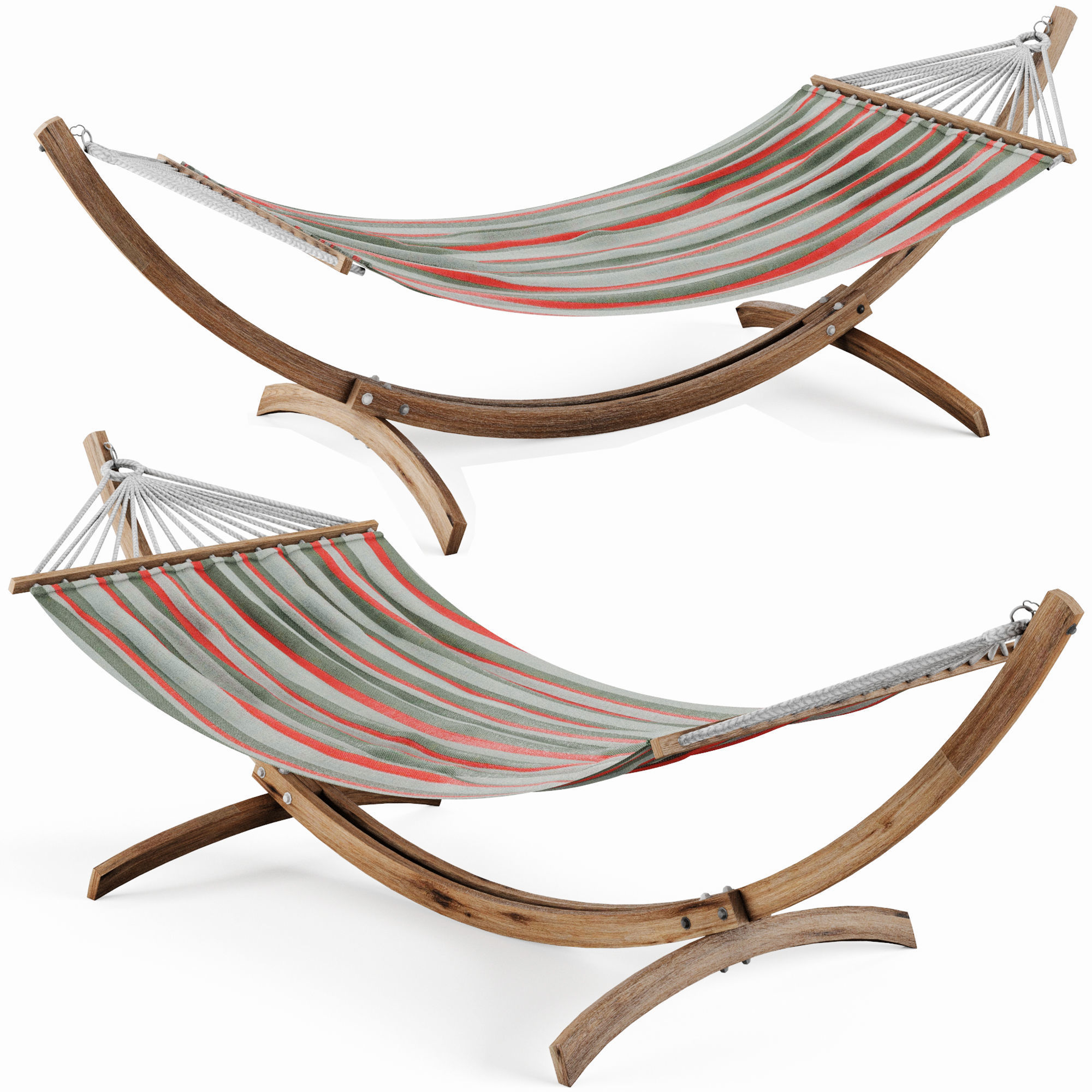Hammock wooden stand with stripe Low-poly 3D model_3