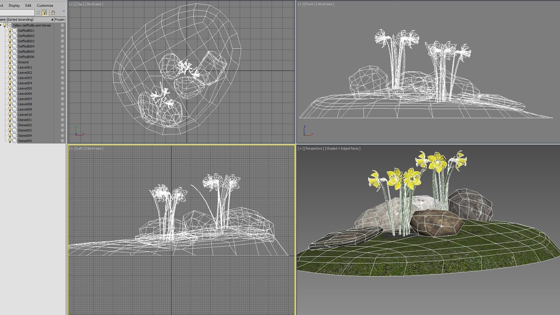 Yellow daffodils and stones Low-poly 3D model_8