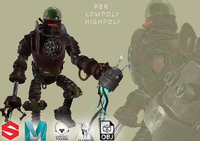 Big steel robot with hand in arm Low-poly 3D model