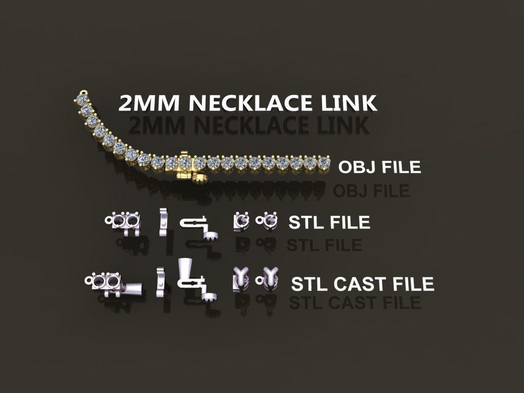 3-PRONG TENNIS DIAMOND NECKLACE LINK 2MM  3D print model_1