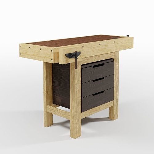 Workbench wooden with drawers Free 3D model