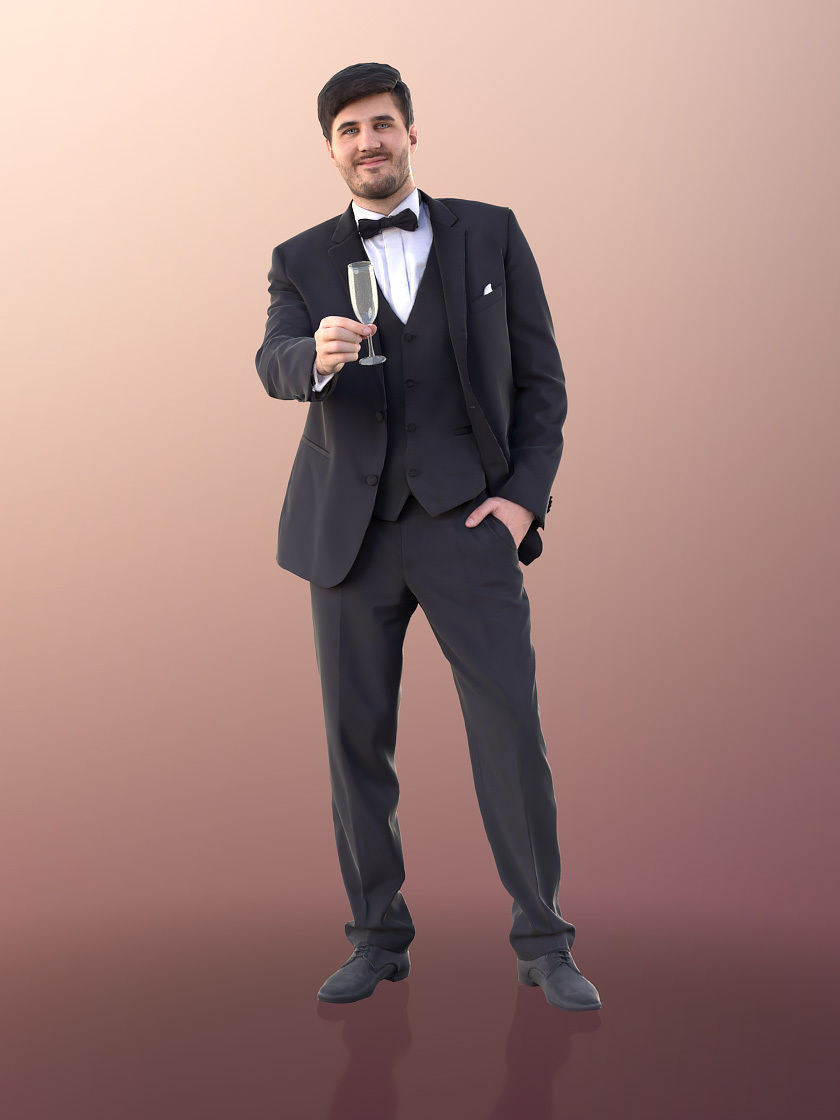 Sean 11000 - Man In Suit And Bow Tie With Champaign Glass 3D model_2