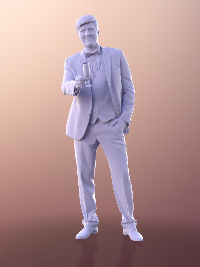 Sean 11000 - Man In Suit And Bow Tie With Champaign Glass 3D model_4