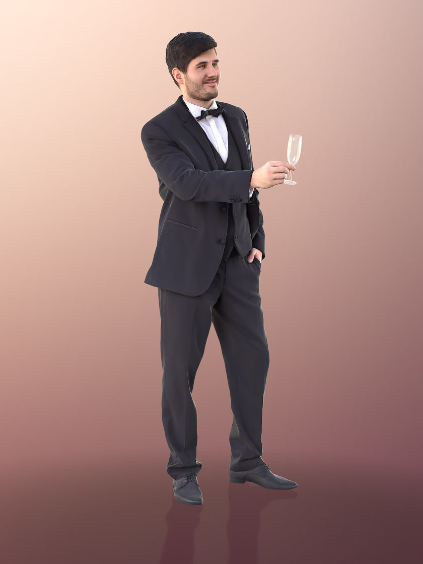 Sean 11000 - Man In Suit And Bow Tie With Champaign Glass 3D model_3