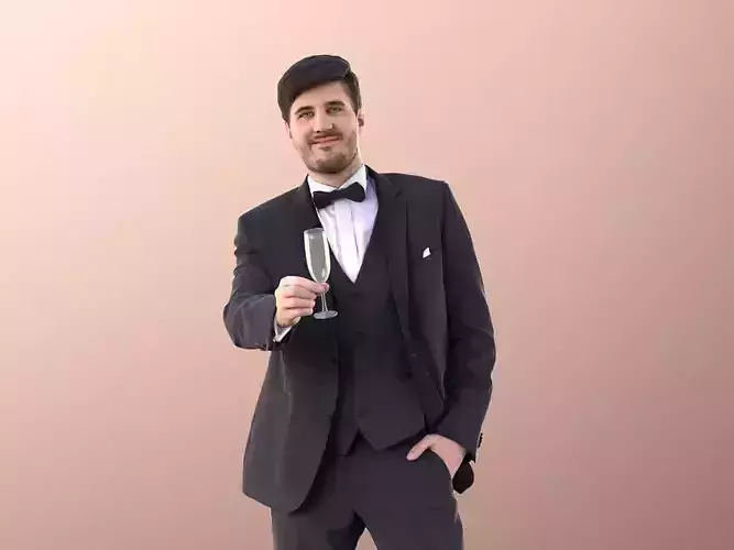 Sean 11000 - Man In Suit And Bow Tie With Champaign Glass 3D model