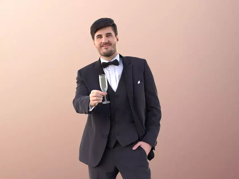 Sean 11000 - Man In Suit And Bow Tie With Champaign Glass 3D model_0