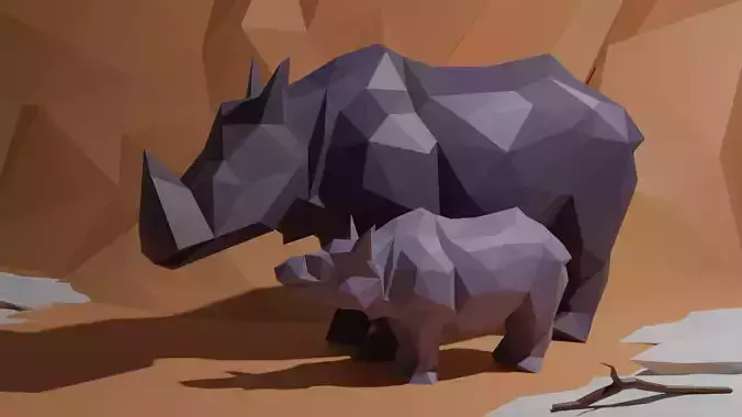Low poly Rhino with Baby