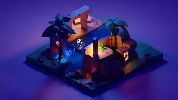 Ruins island with lights and palm trees