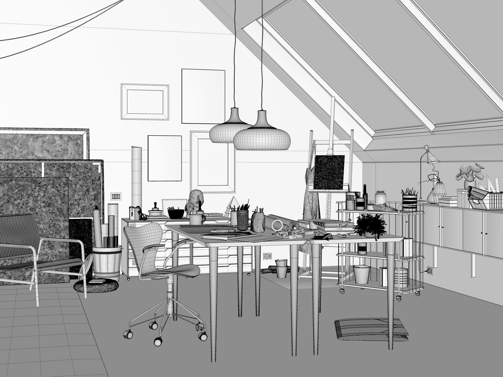 Watercolor Room interior scene 3D model_32