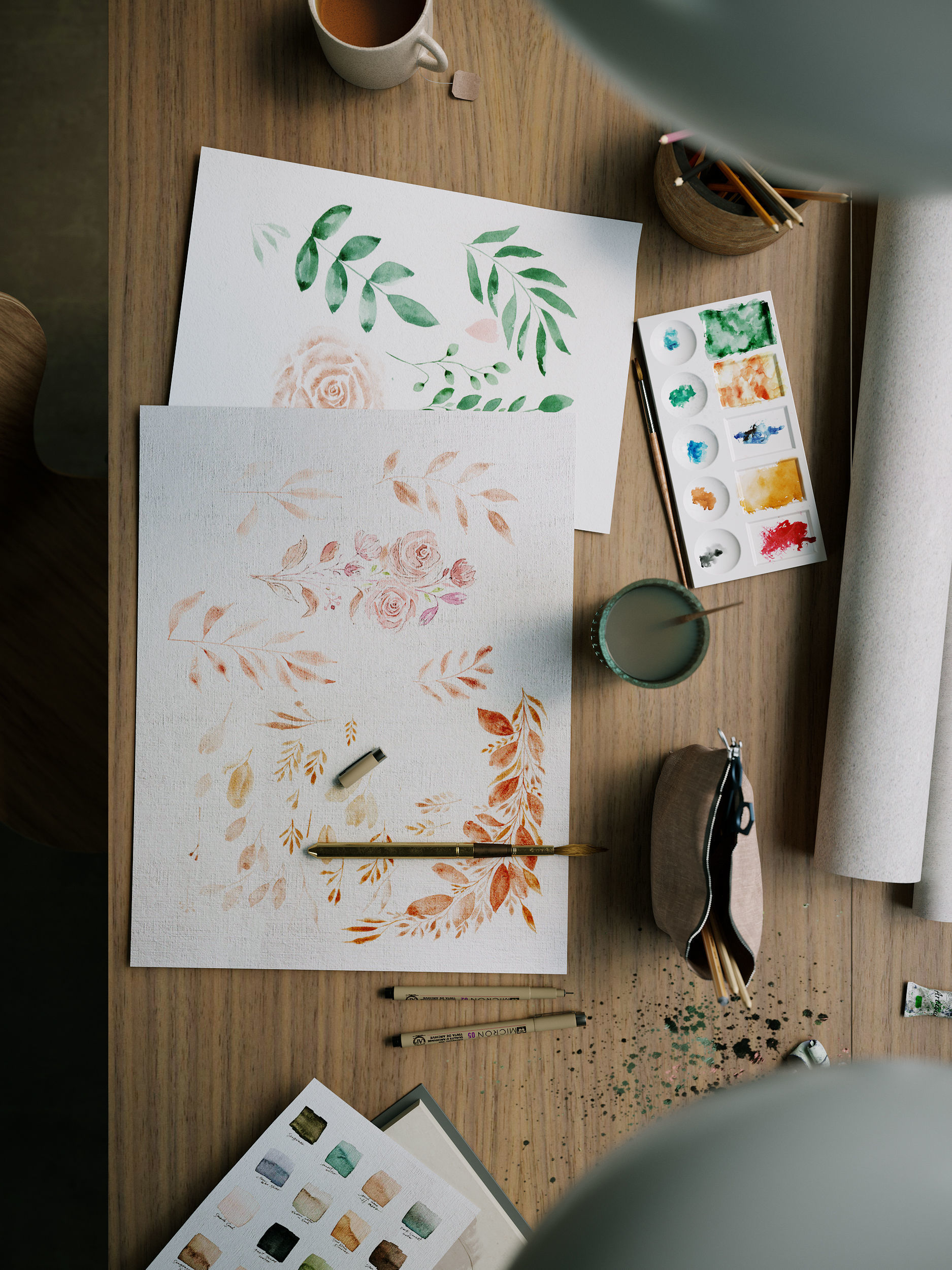 Watercolor Room interior scene 3D model_17