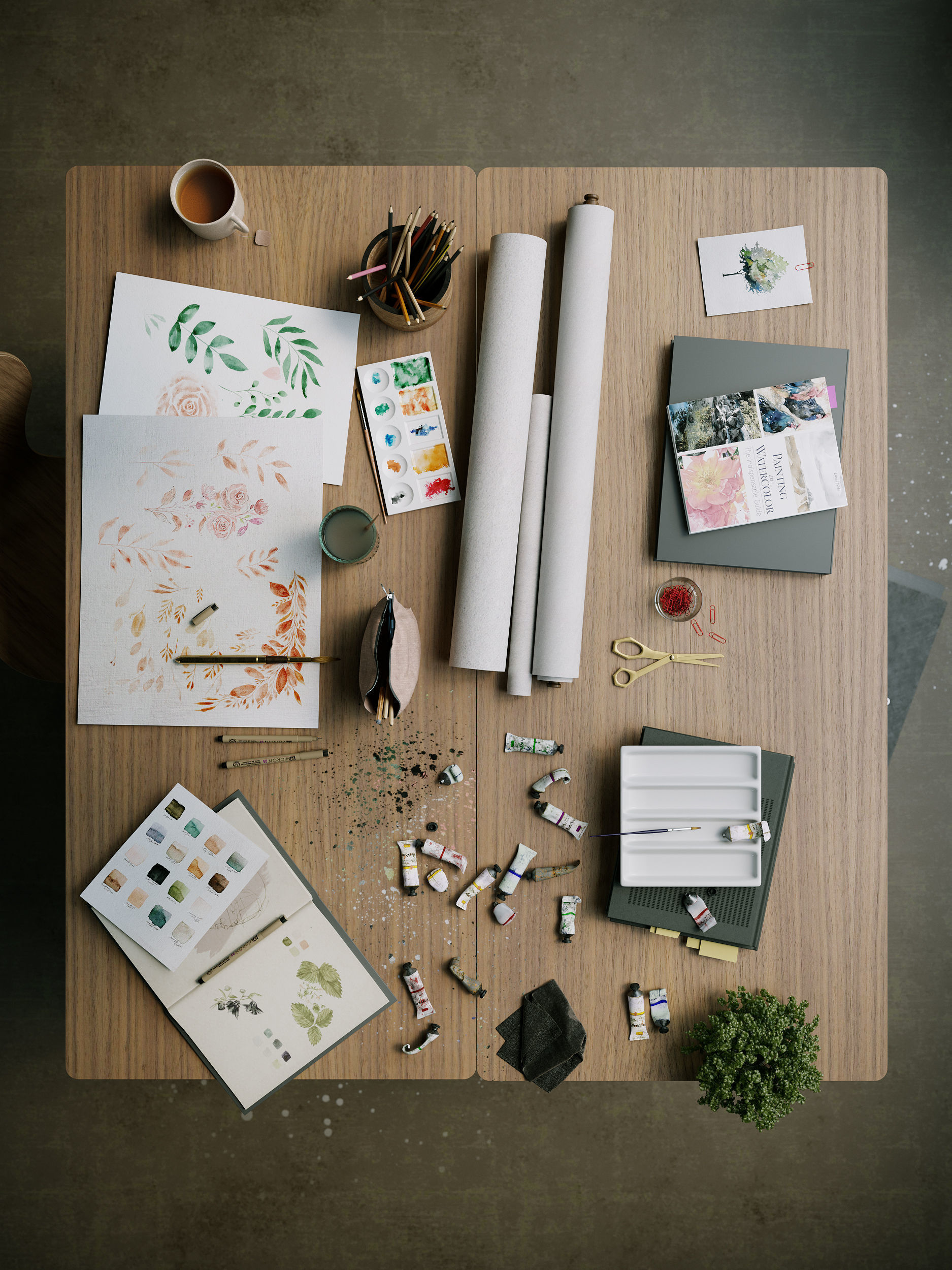 Watercolor Room interior scene 3D model_16