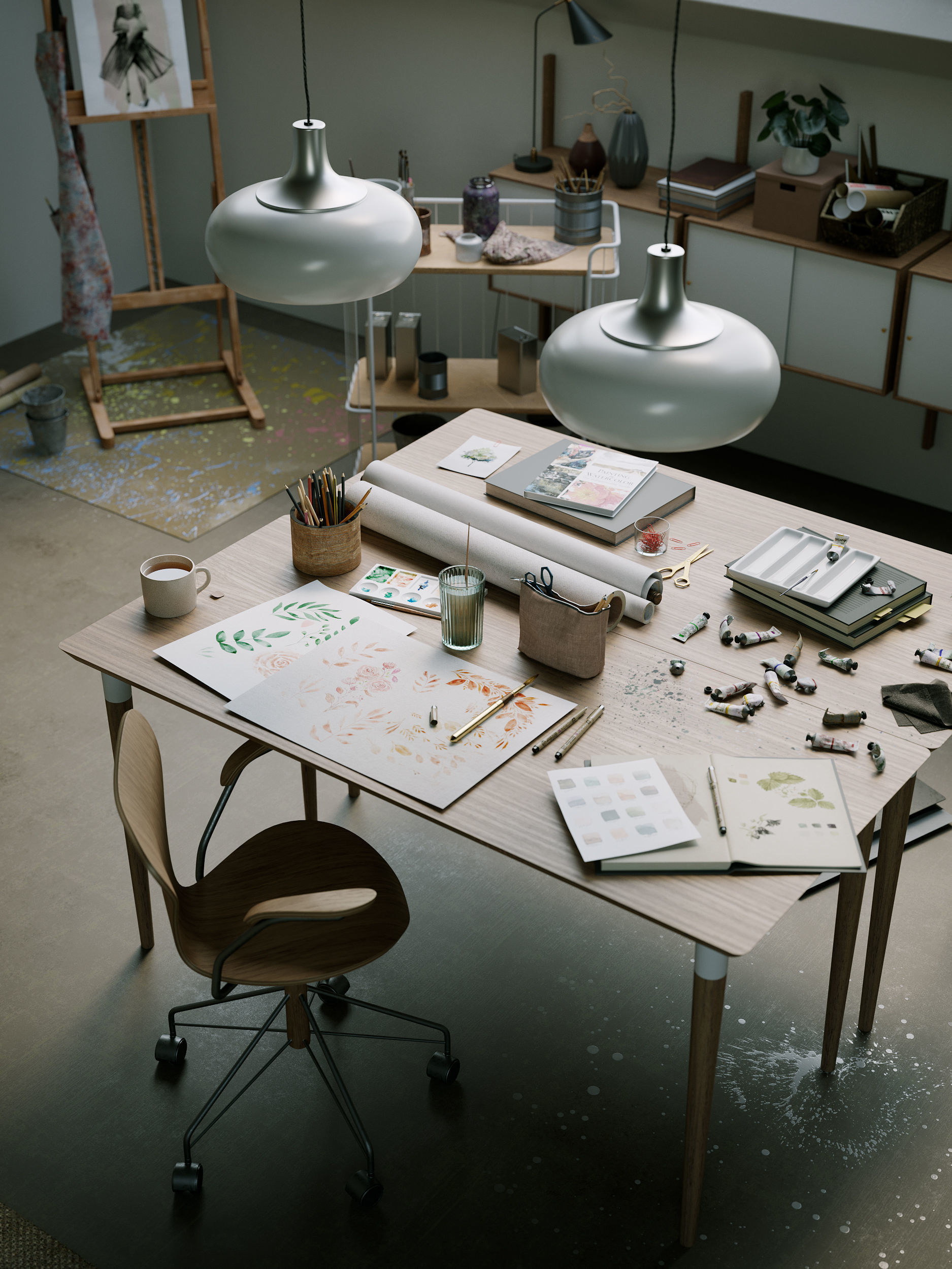 Watercolor Room interior scene 3D model_12