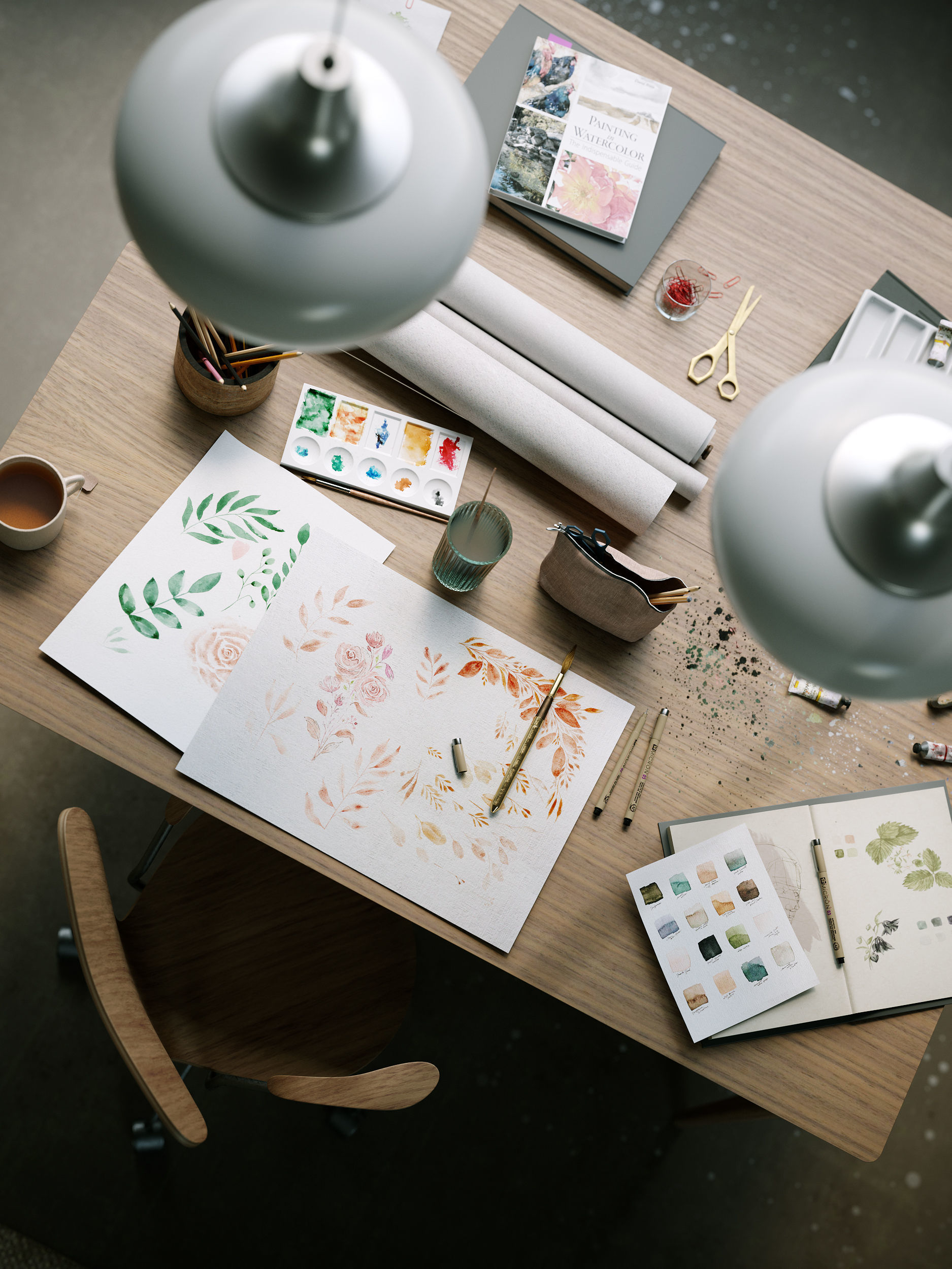 Watercolor Room interior scene 3D model_10